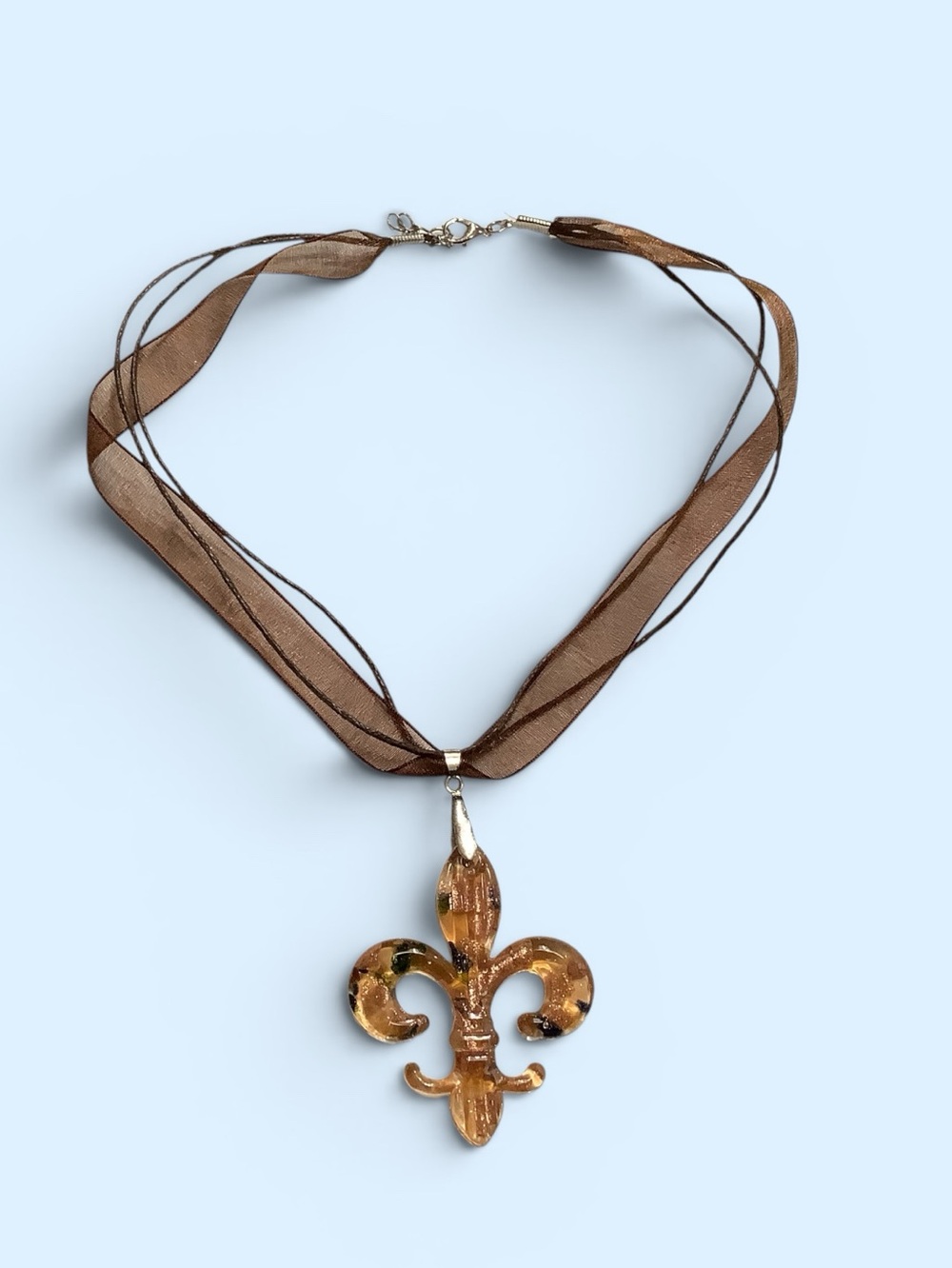 Amber & Brown Fleur-de-Lis Glass Pendant Necklace. Statement Piece! NWOT - Picture 3 of 8